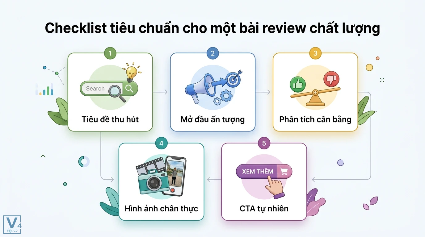 Quy trình review content là gì? 6 bước viết bài review chuẩn CRO 3 Checklist tiêu chuẩn cho bài review chất lượng gồm tiêu đề thu hút, mở đầu ấn tượng, phân tích cân bằng, tư liệu thực tế và CTA tự nhiên