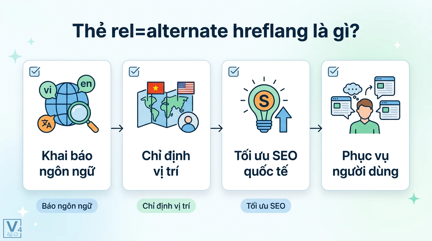 rel=alternate hreflang là gì? Cách cài đặt và sửa lỗi GSC thực tế 1 Thẻ rel=alternate hreflang giúp khai báo ngôn ngữ, chỉ định vị trí để tối ưu SEO quốc tế và phục vụ nội dung chính xác cho người dùng