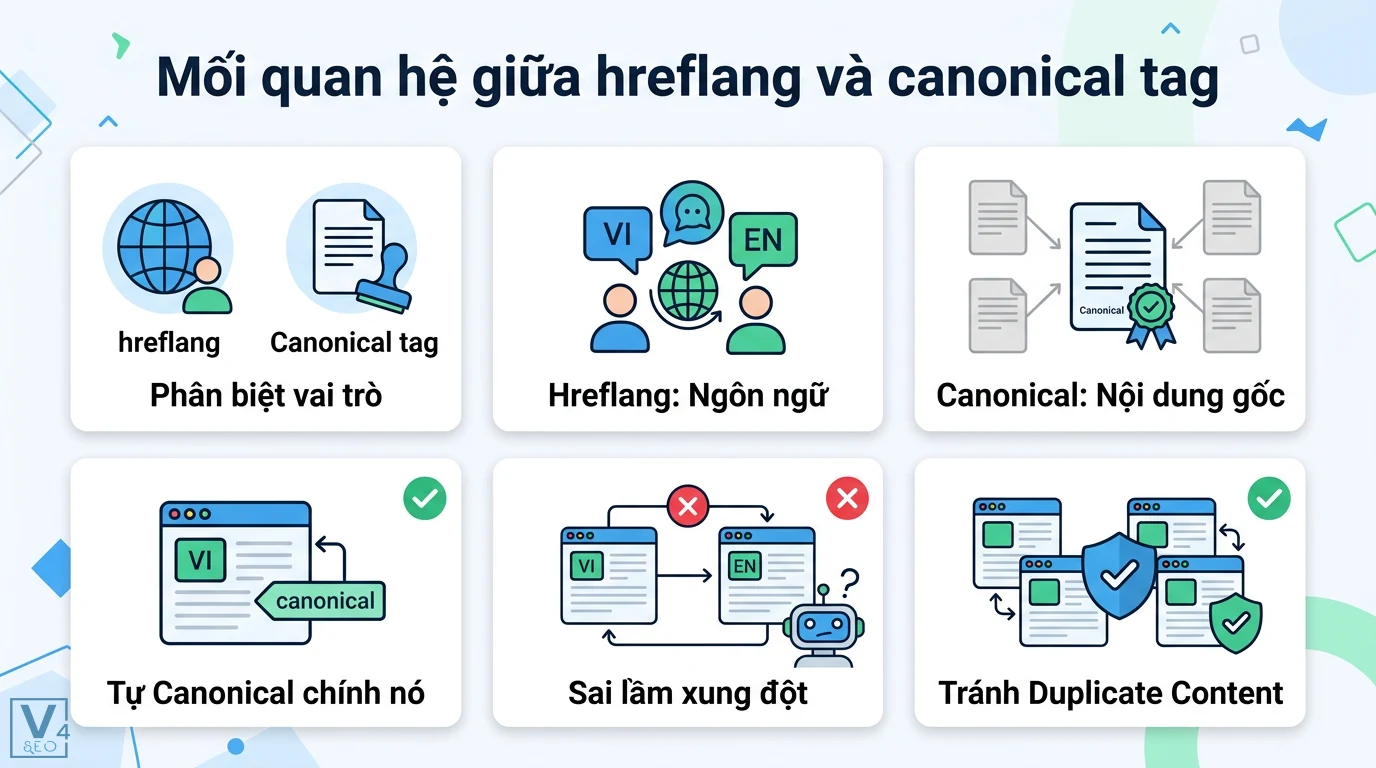 rel=alternate hreflang là gì? Cách cài đặt và sửa lỗi GSC thực tế 2 Mối quan hệ giữa hreflang và canonical tag qua quy tắc tự canonical chính nó giúp Google nhận diện ngôn ngữ và tránh Duplicate Content