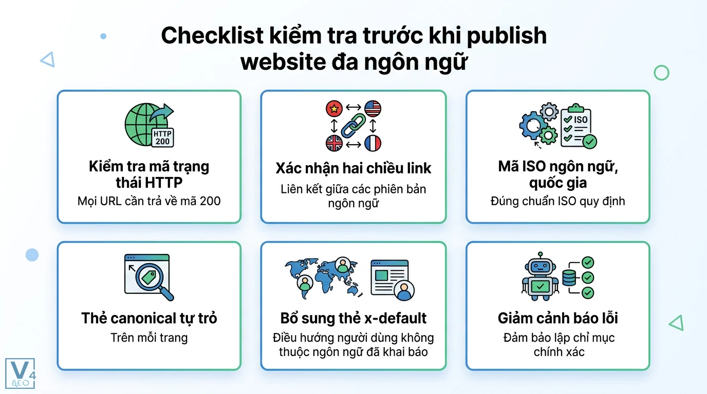 rel=alternate hreflang là gì? Cách cài đặt và sửa lỗi GSC thực tế 3 Checklist SEO website đa ngôn ngữ gồm mã HTTP 200, liên kết hai chiều, chuẩn ISO, thẻ canonical, x-default và giảm thiểu lỗi lập chỉ mục