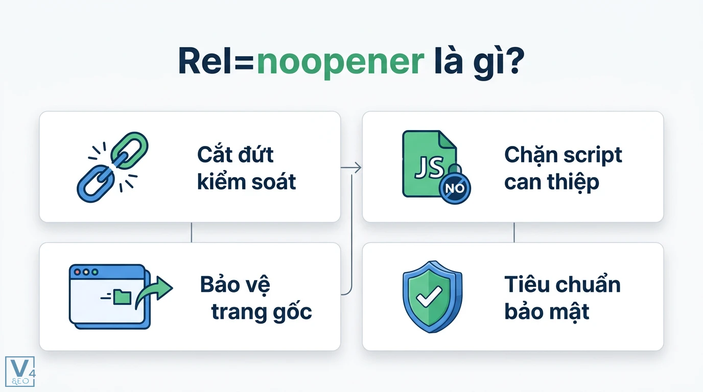 rel=noopener là gì? Giải mã bảo mật website và ảnh hưởng tới SEO 1 Rel=noopener giúp cắt đứt kiểm soát, chặn script can thiệp và bảo vệ trang gốc như một tiêu chuẩn bảo mật website cơ bản khi mở liên kết