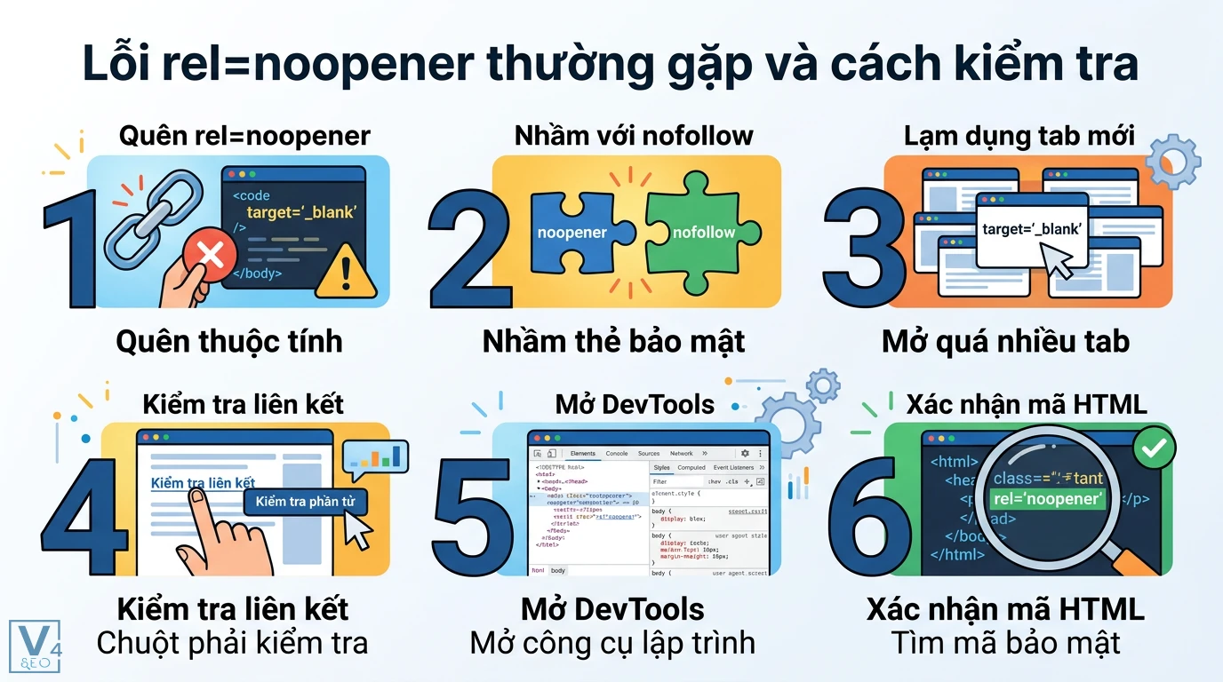 rel=noopener là gì? Giải mã bảo mật website và ảnh hưởng tới SEO 3 Lỗi rel=noopener khi thiếu thuộc tính bảo mật, nhầm với nofollow và hướng dẫn kiểm tra thẻ liên kết trong mã HTML qua công cụ DevTools