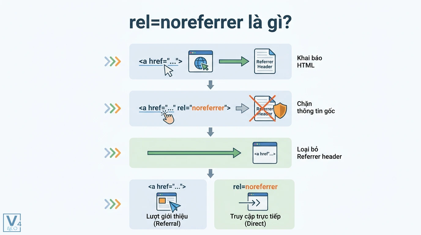 rel=noreferrer là gì? Tác động tới bảo mật và Google Analytics 1 rel=noreferrer chặn Referrer header giúp bảo mật thông tin gốc và chuyển đổi lượt truy cập Referral thành truy cập trực tiếp Direct traffic