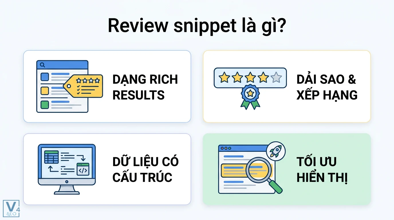 Review snippet là gì? Hướng dẫn tạo đánh giá 5 sao chuẩn Schema 1 Review snippet là dạng Rich Results hiển thị dải sao xếp hạng từ dữ liệu có cấu trúc giúp tối ưu hóa khả năng hiển thị trên Google Search