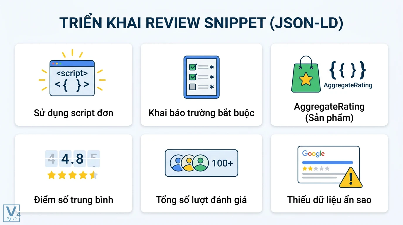 Review snippet là gì? Hướng dẫn tạo đánh giá 5 sao chuẩn Schema 2 Triển khai review snippet JSON-LD qua script đơn, khai báo AggregateRating, điểm trung bình và tổng lượt đánh giá để hiển thị dải sao Google