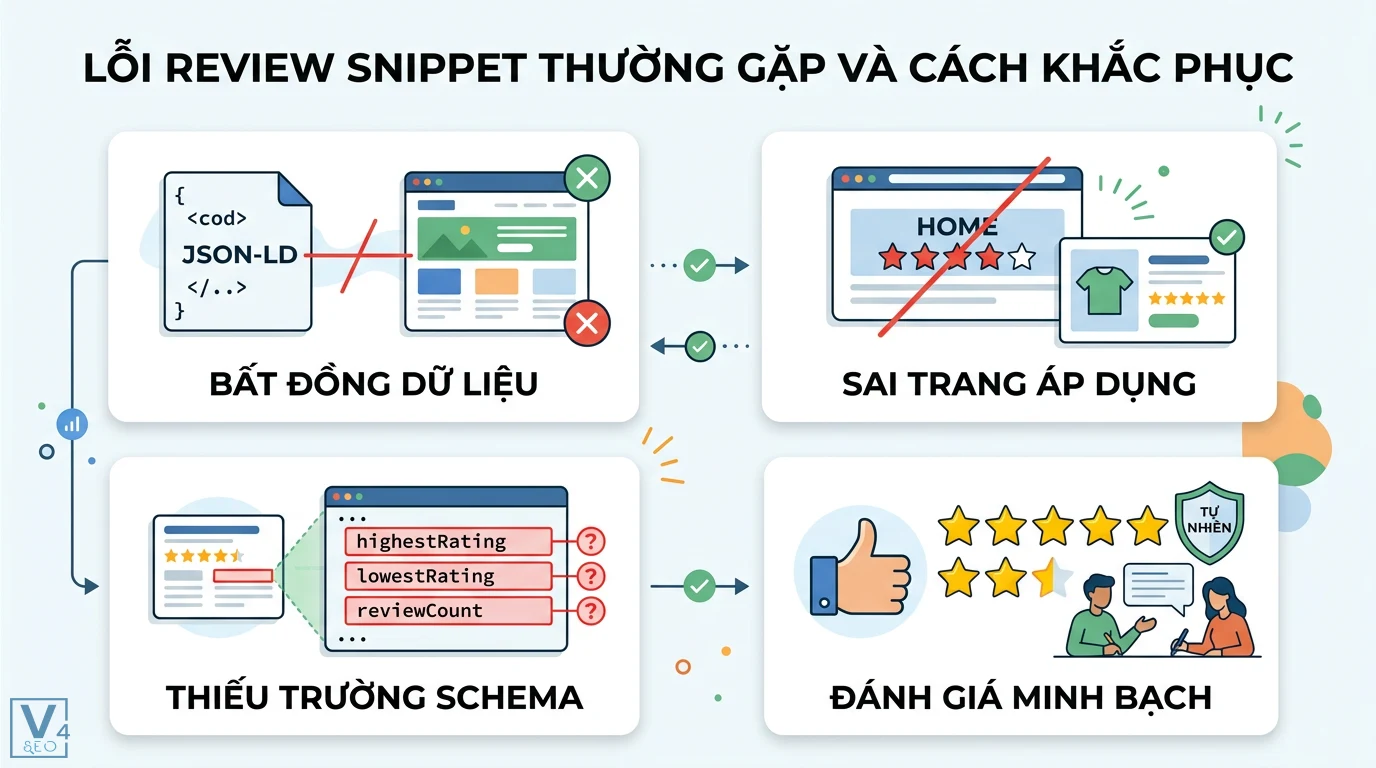 Review snippet là gì? Hướng dẫn tạo đánh giá 5 sao chuẩn Schema 3 Lỗi review snippet thường gặp do bất đồng dữ liệu JSON-LD, sai trang áp dụng, thiếu trường Schema và cách triển khai đánh giá minh bạch