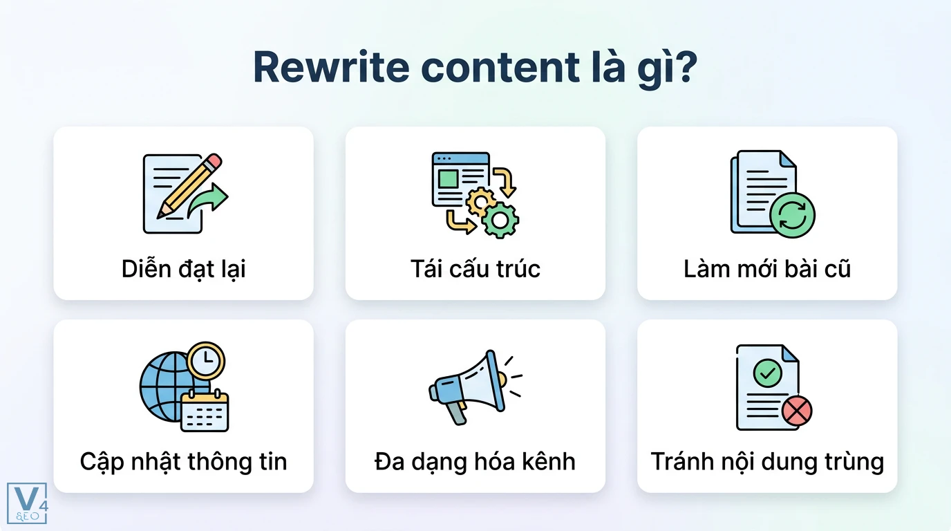 Rewrite content là gì? Cách làm mới nội dung chuẩn SEO hiệu quả 1 Rewrite content giúp diễn đạt lại, tái cấu trúc, làm mới bài cũ, cập nhật thông tin, đa dạng hóa kênh và tránh nội dung trùng lặp