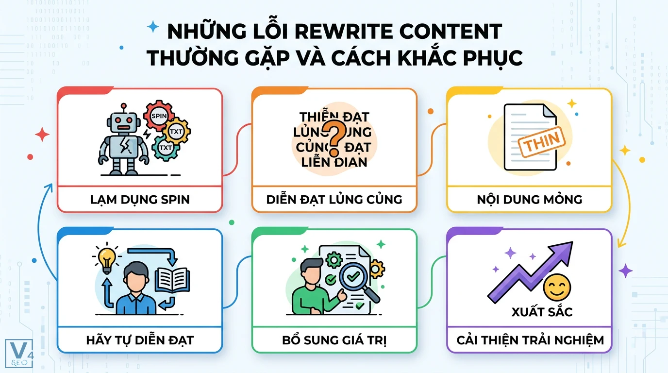 Rewrite content là gì? Cách làm mới nội dung chuẩn SEO hiệu quả 3 Những lỗi rewrite content thường gặp như lạm dụng spin, nội dung mỏng và giải pháp tự diễn đạt, bổ sung giá trị nhằm cải thiện trải nghiệm
