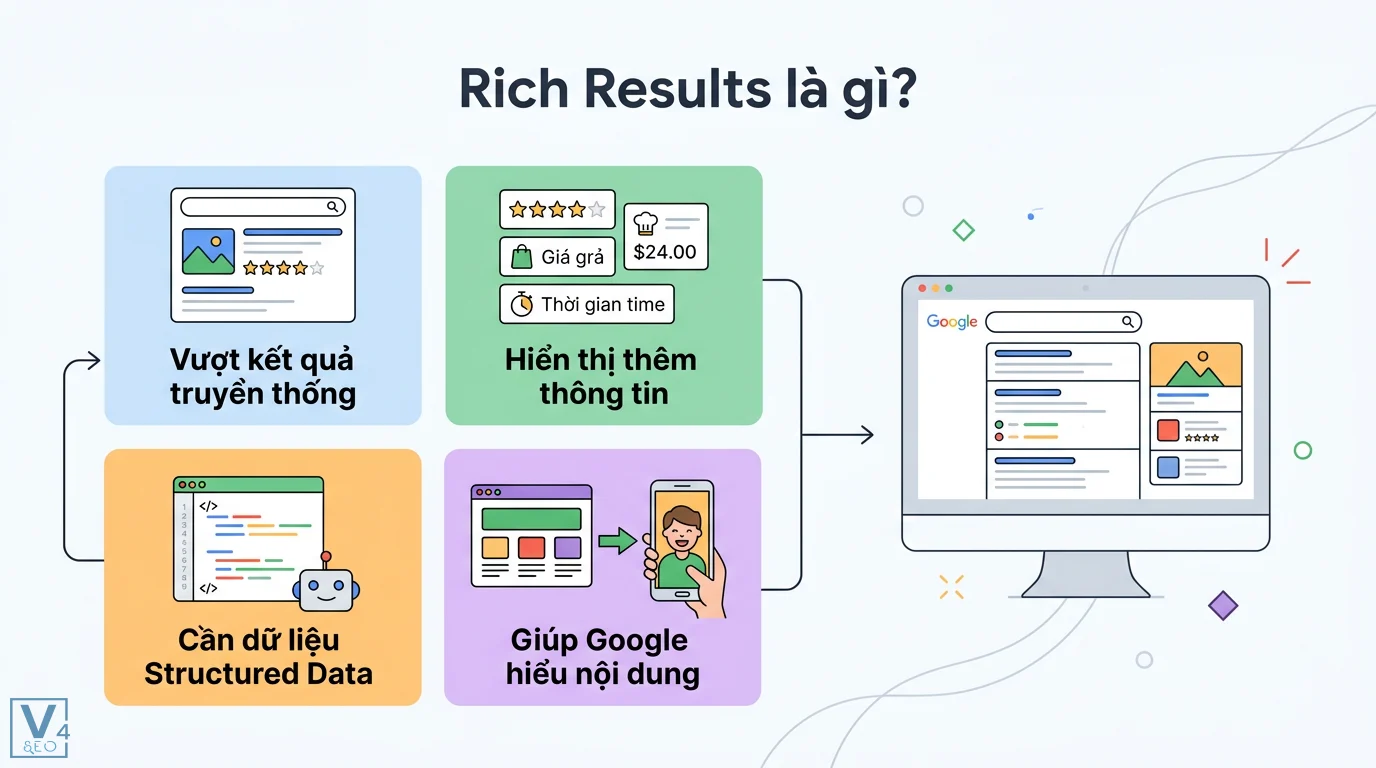 Rich Results là gì? Cách tạo Schema và JSON-LD chuẩn Google 1 Rich Results hiển thị thông tin trực quan như xếp hạng và giá bán nhờ dữ liệu Structured Data giúp Google hiểu nội dung và tối ưu kết quả tìm kiếm