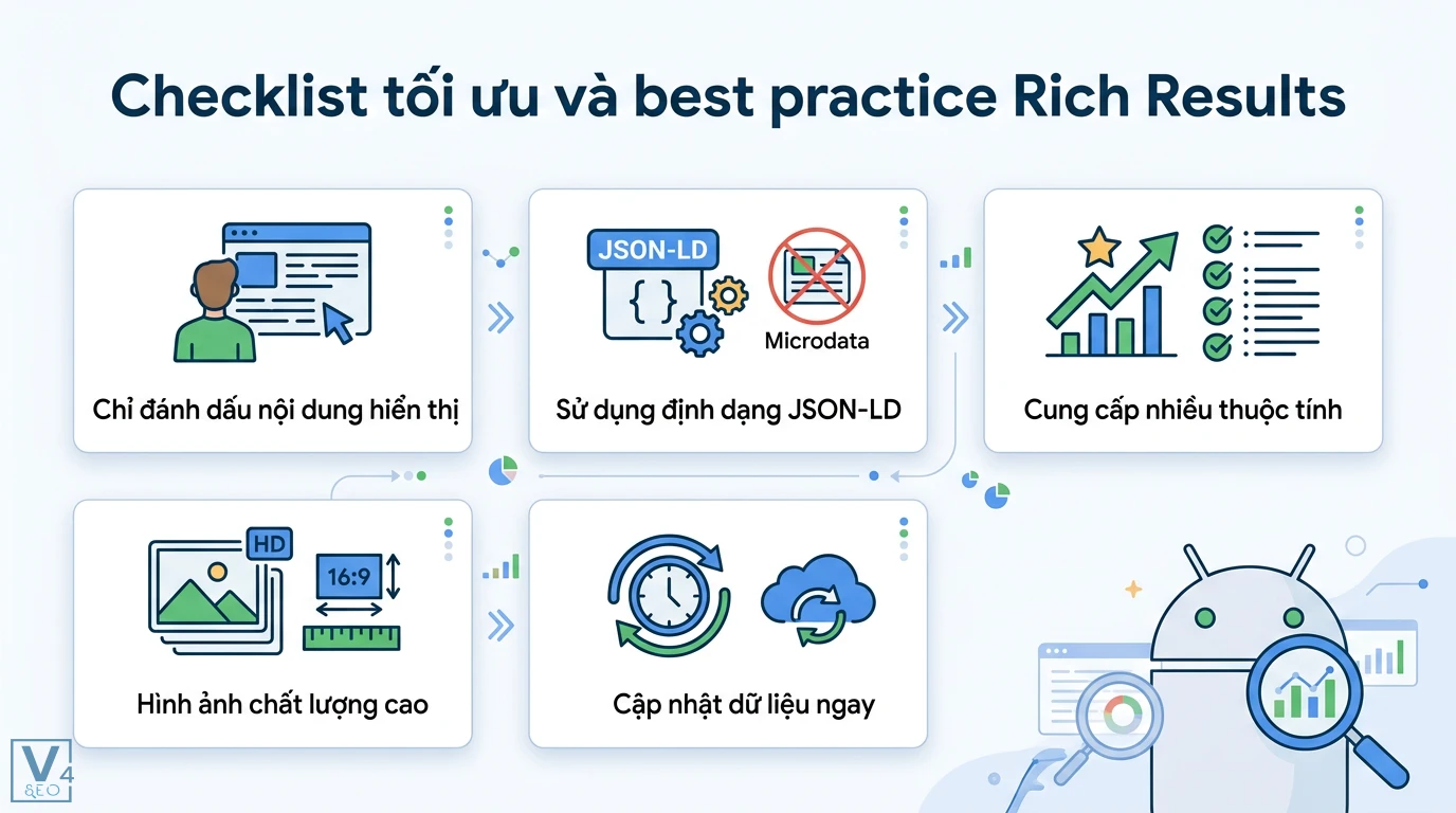 Rich Results là gì? Cách tạo Schema và JSON-LD chuẩn Google 2 Checklist tối ưu Rich Results với định dạng JSON-LD, đánh dấu nội dung hiển thị, cung cấp đầy đủ thuộc tính, hình ảnh HD và cập nhật dữ liệu tức thì