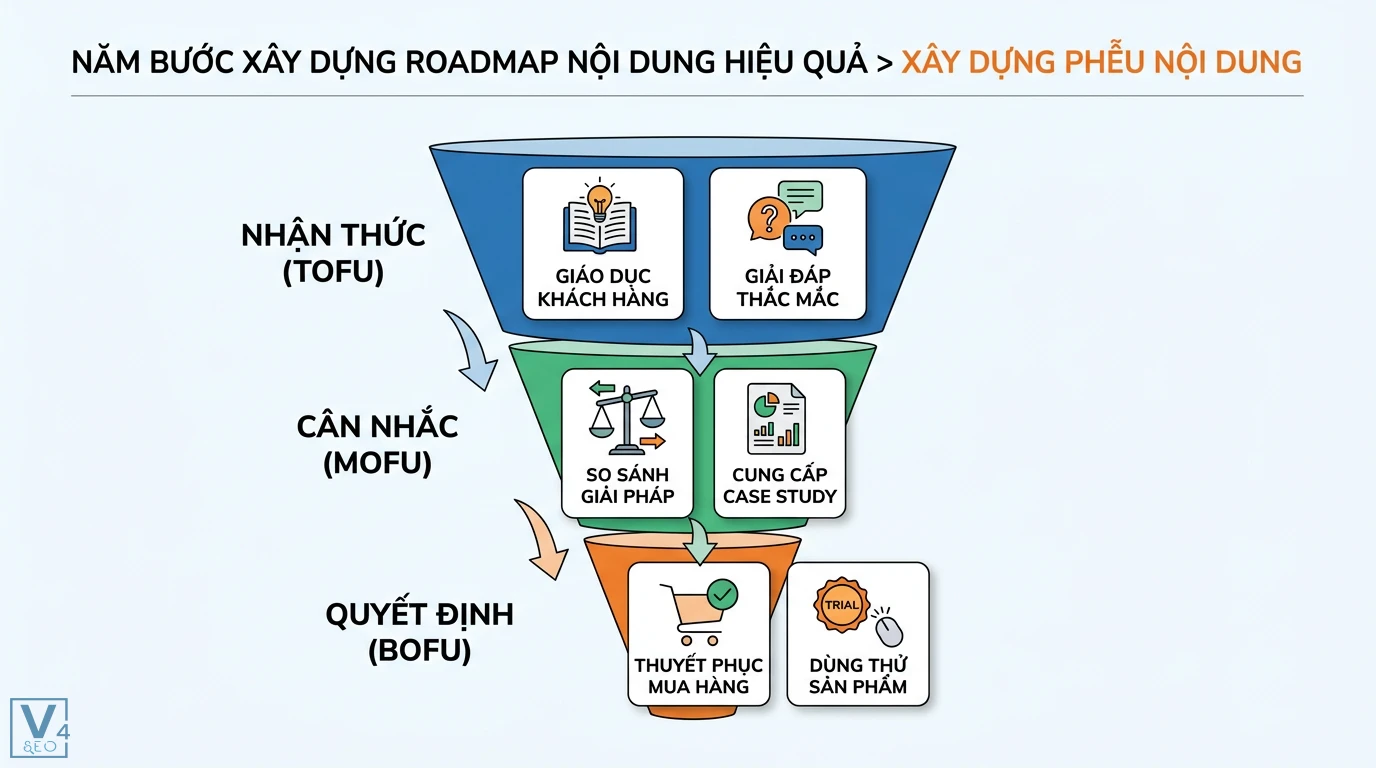 Roadmap nội dung là gì? Cách lập lộ trình chiến lược từ phễu đến KPI 2 Phễu nội dung TOFU MOFU BOFU giúp giáo dục khách hàng, so sánh giải pháp và thuyết phục mua hàng trong roadmap nội dung hiệu quả