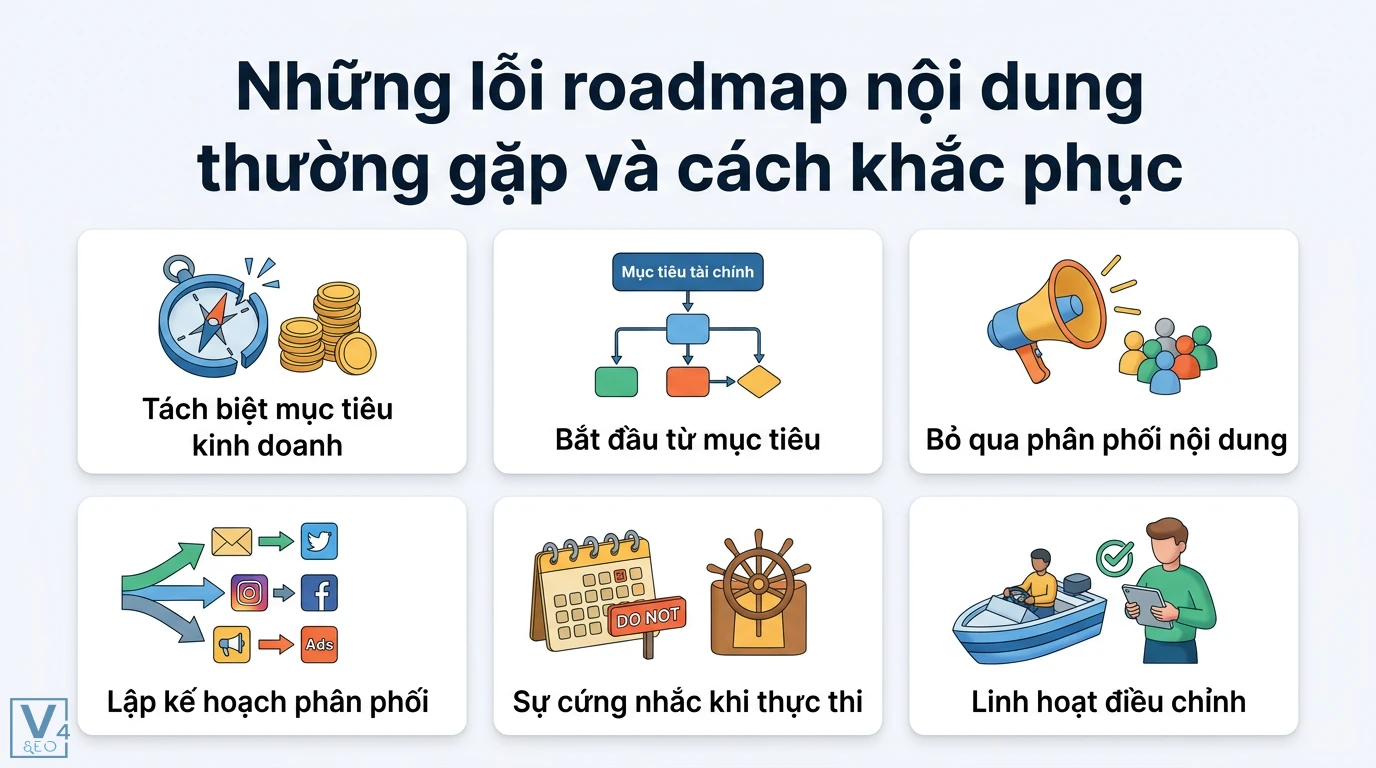 Roadmap nội dung là gì? Cách lập lộ trình chiến lược từ phễu đến KPI 3 Lỗi roadmap nội dung thường gặp gồm tách biệt mục tiêu kinh doanh, thiếu phân phối, sự cứng nhắc và cách linh hoạt điều chỉnh kế hoạch