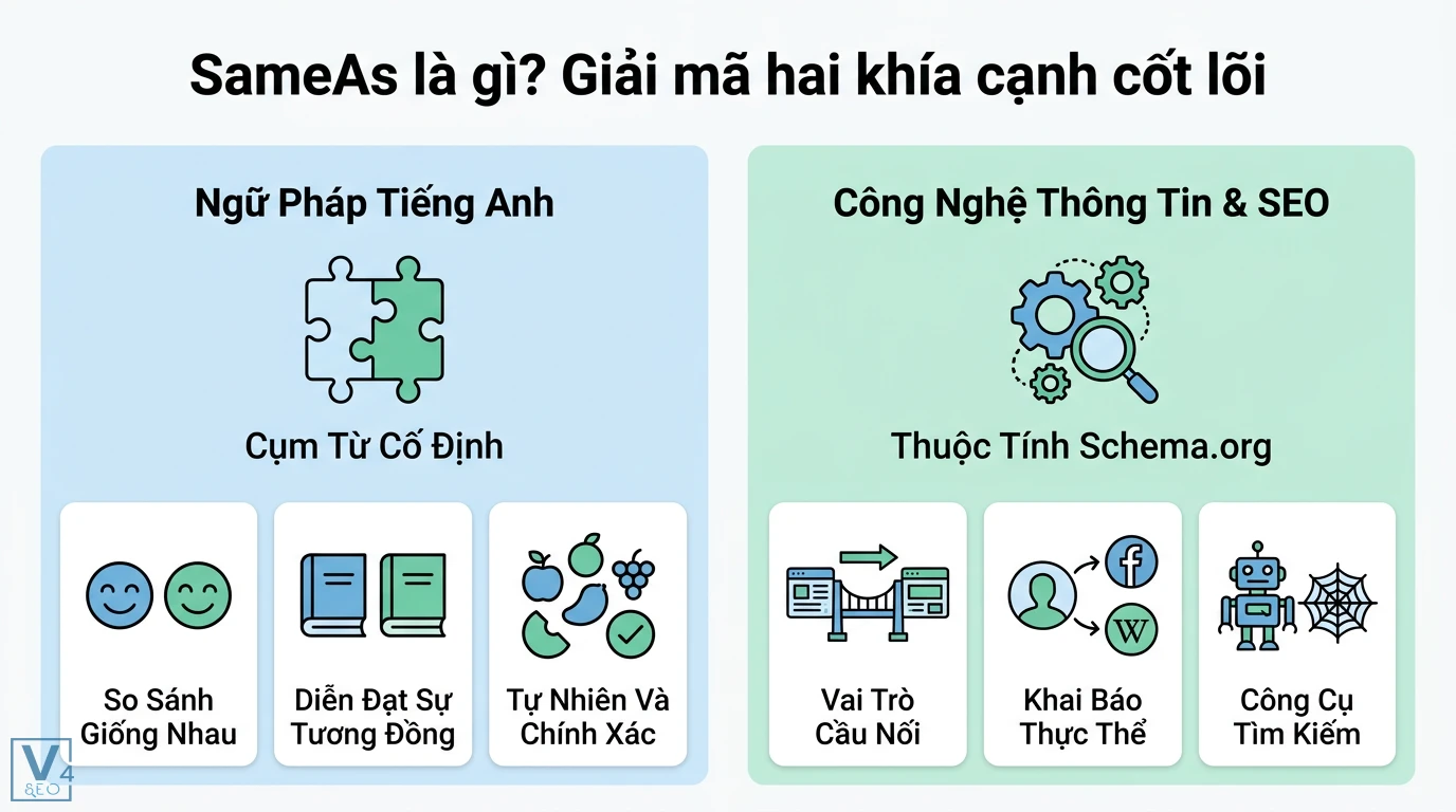 sameAs là gì? Giải mã cấu trúc ngữ pháp và Schema Markup SEO 1 SameAs là cụm từ so sánh trong ngữ pháp và thuộc tính Schema.org đóng vai trò cầu nối khai báo thực thể cho công cụ tìm kiếm và tối ưu SEO