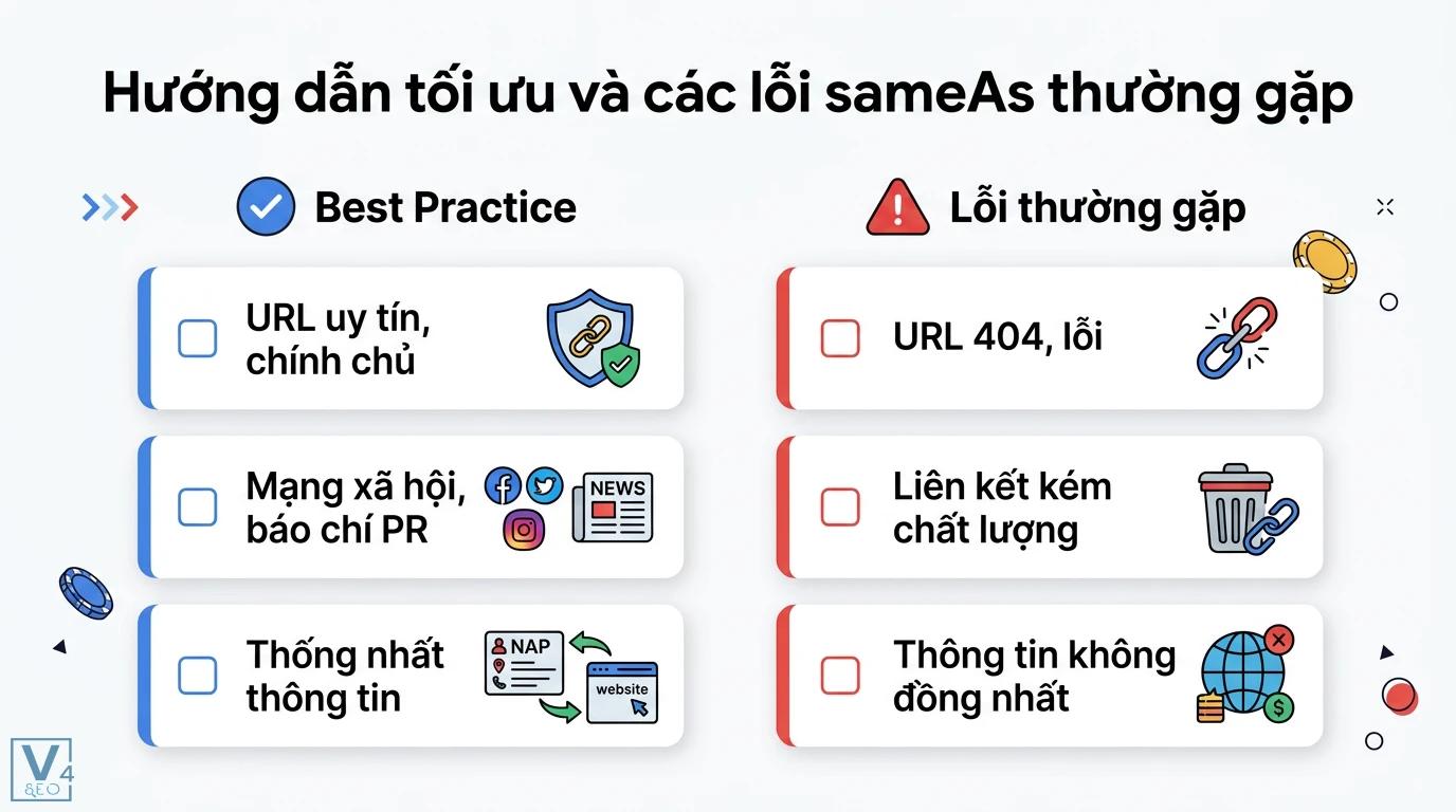 sameAs là gì? Giải mã cấu trúc ngữ pháp và Schema Markup SEO 2 Tối ưu sameAs và lỗi thường gặp như URL 404, liên kết kém chất lượng đối lập với URL uy tín, mạng xã hội và thống nhất thông tin thực thể