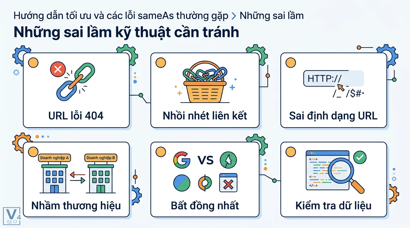 sameAs là gì? Giải mã cấu trúc ngữ pháp và Schema Markup SEO 3 Các sai lầm kỹ thuật Schema sameAs như URL lỗi 404, nhồi nhét liên kết, sai định dạng, nhầm thương hiệu, bất đồng nhất và kiểm tra dữ liệu