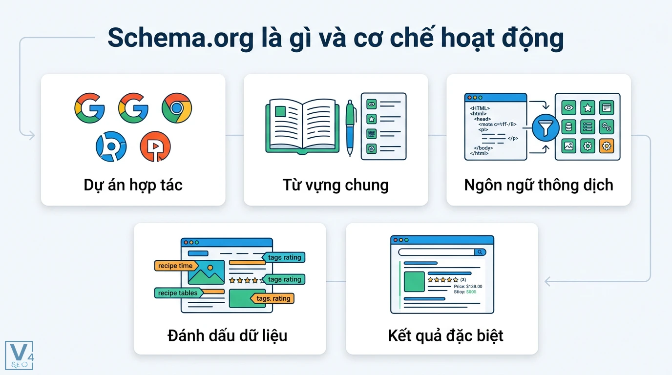 Schema.org là gì? Hướng dẫn cài đặt JSON-LD và Rich Results 2026 1 Cơ chế hoạt động Schema.org từ dự án hợp tác sử dụng từ vựng chung làm ngôn ngữ thông dịch để đánh dấu dữ liệu và hiển thị kết quả đặc biệt