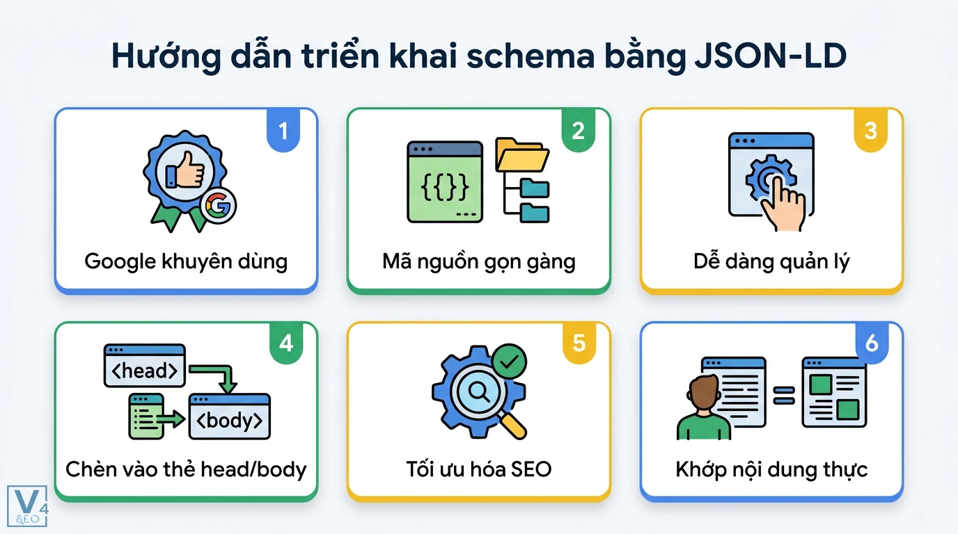 Schema.org là gì? Hướng dẫn cài đặt JSON-LD và Rich Results 2026 2 Triển khai schema JSON-LD vào thẻ head hoặc body giúp mã nguồn gọn gàng, tối ưu SEO và khớp nội dung thực tế theo khuyến nghị từ Google