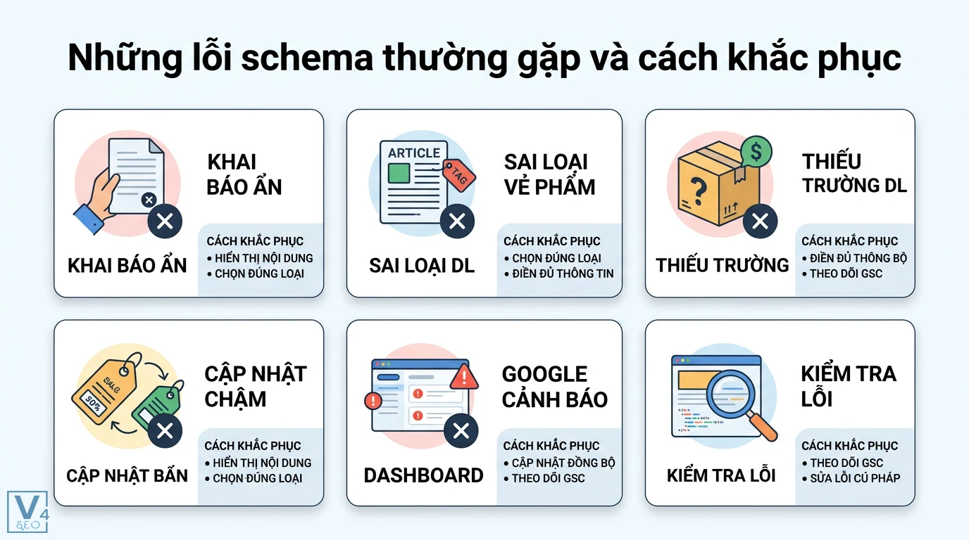 Schema.org là gì? Hướng dẫn cài đặt JSON-LD và Rich Results 2026 3 Những lỗi schema thường gặp như khai báo ẩn, sai loại dữ liệu, thiếu trường dữ liệu và quy trình khắc phục qua Google Search Console