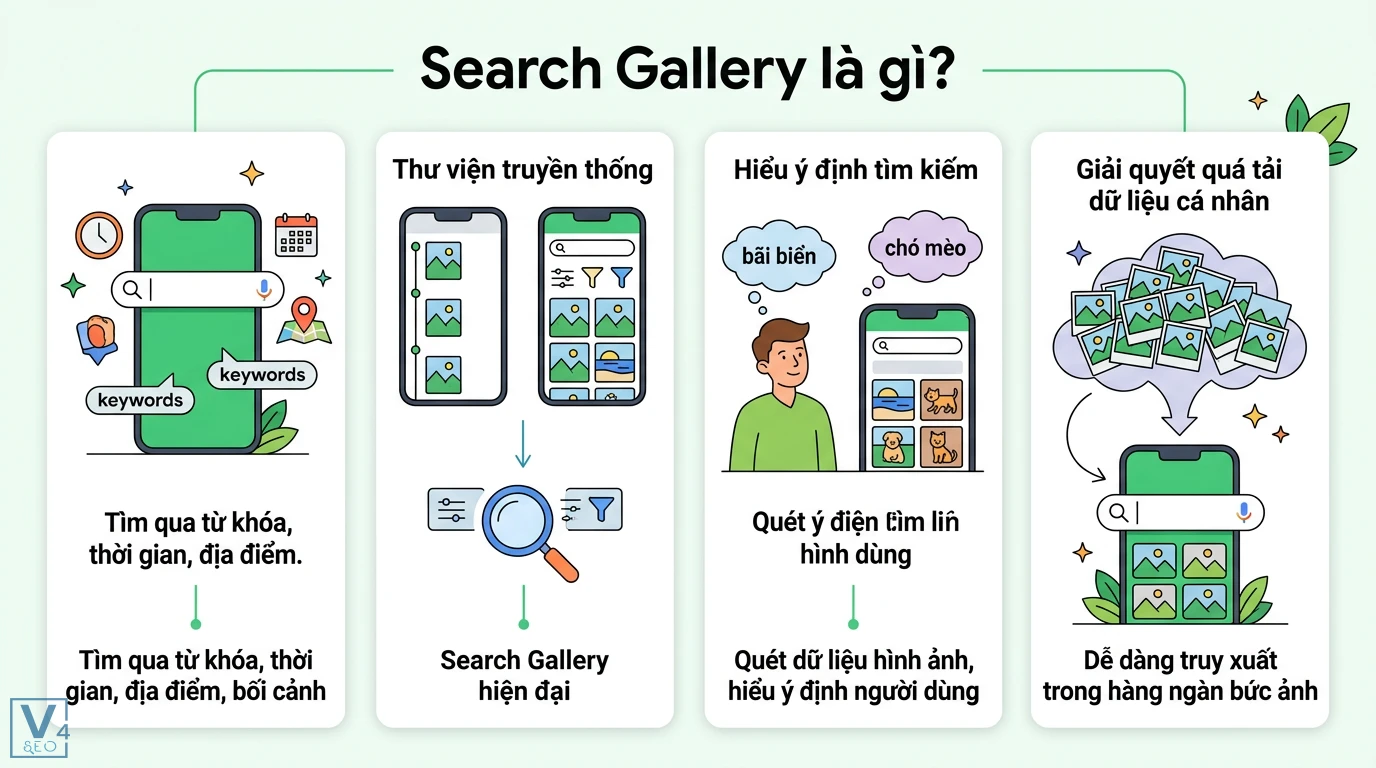 Search Gallery là gì? Cách tìm ảnh thông minh bằng AI hiệu quả 1 Search Gallery hỗ trợ tìm kiếm qua từ khóa, thời gian, địa điểm và bối cảnh giúp hiểu ý định người dùng để truy xuất dữ liệu nhanh chóng