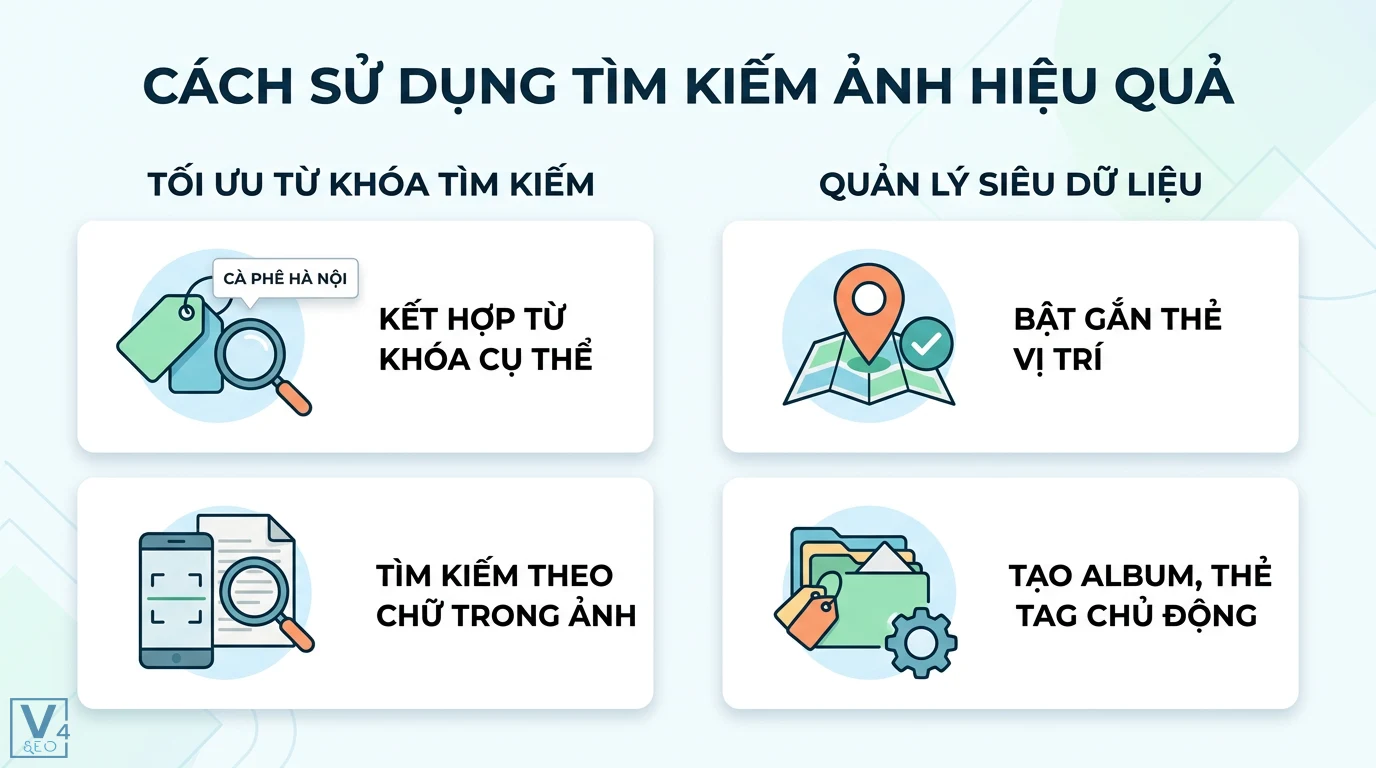 Search Gallery là gì? Cách tìm ảnh thông minh bằng AI hiệu quả 2 Cách sử dụng tìm kiếm ảnh hiệu quả bằng việc kết hợp từ khóa cụ thể, quét chữ OCR và quản lý siêu dữ liệu, thẻ vị trí hoặc album chủ động
