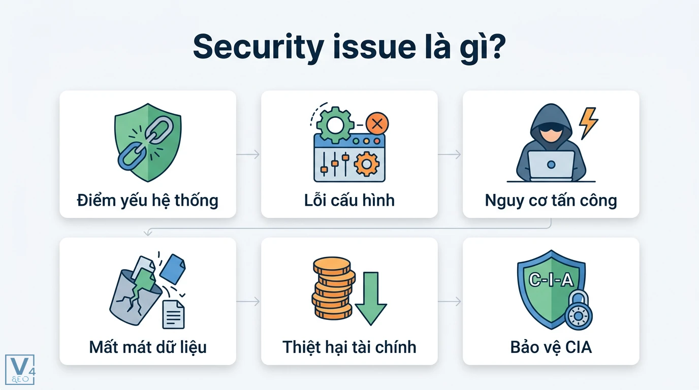 Security issue là gì? Hướng dẫn nhận diện và xử lý sự cố bảo mật 1 Security issue gồm điểm yếu hệ thống, lỗi cấu hình dẫn đến nguy cơ tấn công, mất mát dữ liệu, thiệt hại tài chính và mục tiêu bảo vệ CIA
