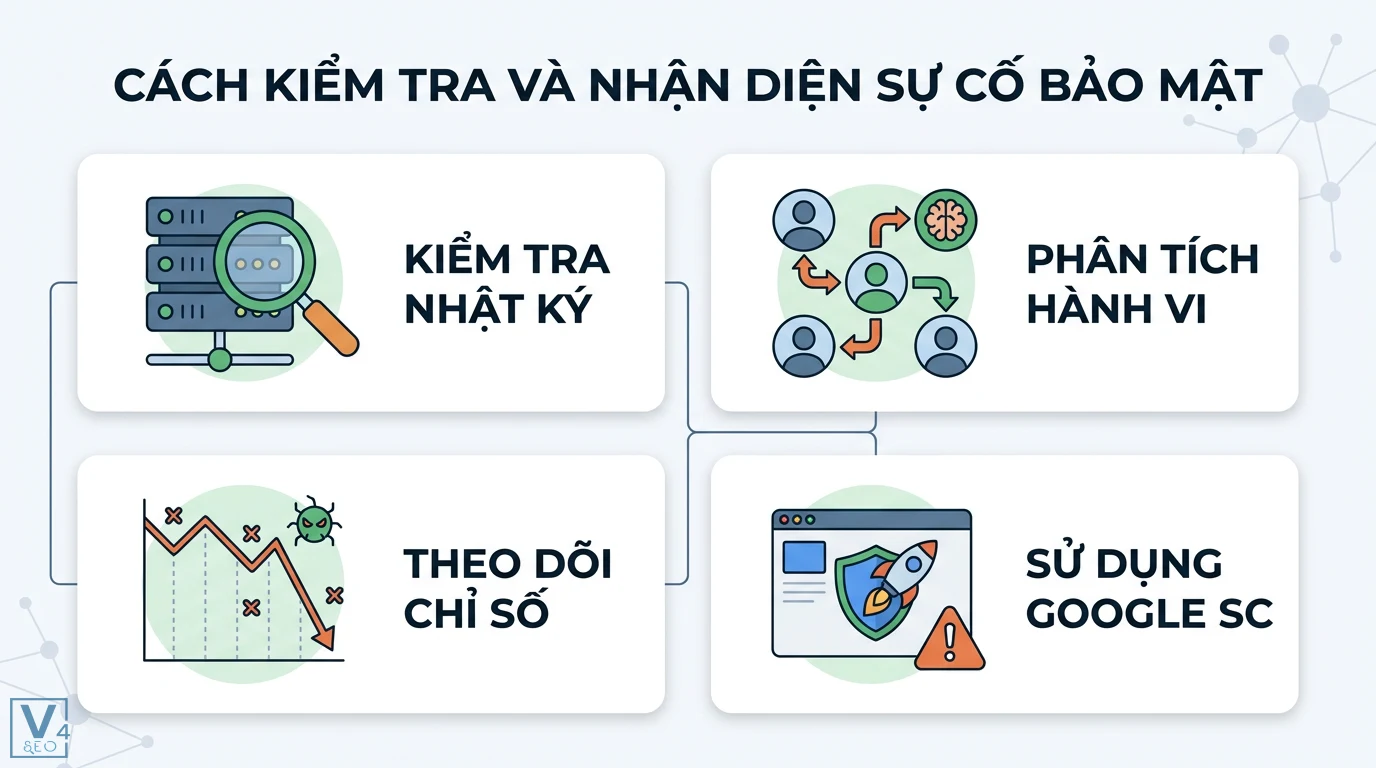 Security issue là gì? Hướng dẫn nhận diện và xử lý sự cố bảo mật 2 Cách kiểm tra và nhận diện sự cố bảo mật qua nhật ký hệ thống, phân tích hành vi, theo dõi chỉ số tương tác và Google Search Console