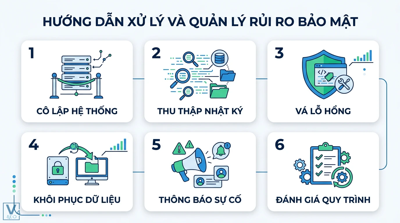 Security issue là gì? Hướng dẫn nhận diện và xử lý sự cố bảo mật 3 Quản lý rủi ro bảo mật gồm cô lập hệ thống, thu thập nhật ký, vá lỗ hổng, khôi phục dữ liệu, thông báo sự cố và đánh giá quy trình