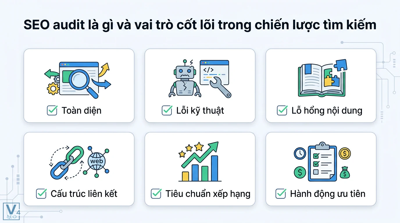 SEO audit là gì? Quy trình 7 bước kiểm tra website chuẩn Google 2026 1 SEO audit toàn diện phân tích lỗi kỹ thuật, lỗ hổng nội dung, cấu trúc liên kết và tiêu chuẩn xếp hạng nhằm xác định các hành động ưu tiên