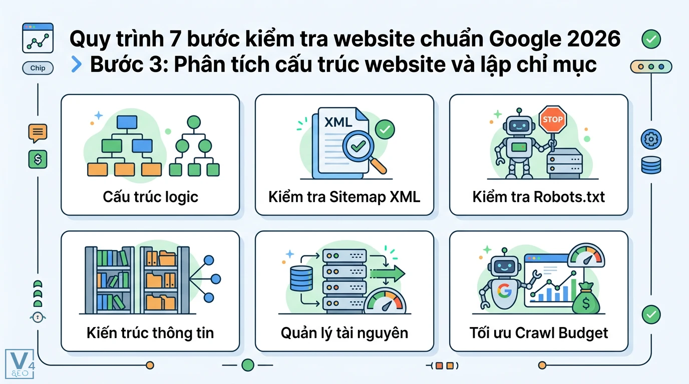 SEO audit là gì? Quy trình 7 bước kiểm tra website chuẩn Google 2026 2 Phân tích cấu trúc website và lập chỉ mục gồm kiểm tra sitemap XML, robots.txt, kiến trúc thông tin và quản lý tài nguyên tối ưu crawl budget
