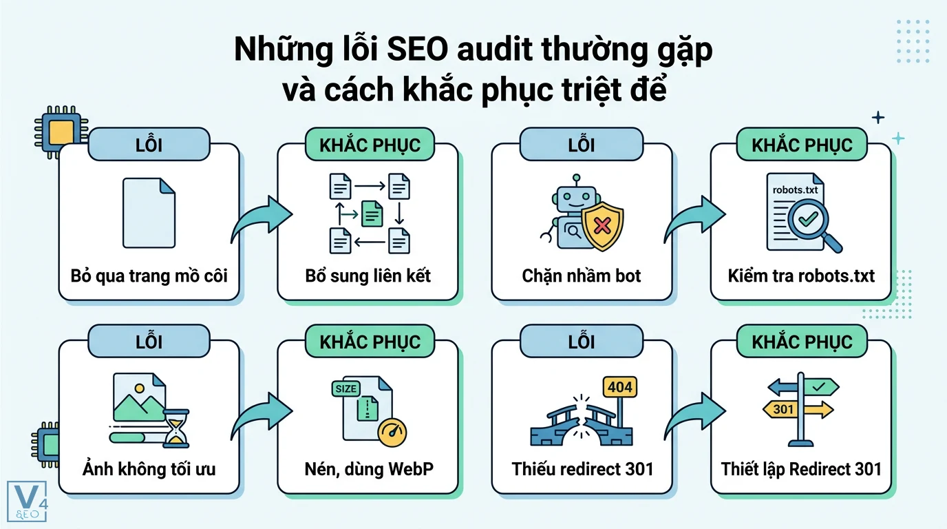 SEO audit là gì? Quy trình 7 bước kiểm tra website chuẩn Google 2026 3 Khắc phục các lỗi SEO audit về trang mồ côi, chặn bot robots.txt, tối ưu hóa dung lượng WebP và thiết lập redirect 301 hiệu quả