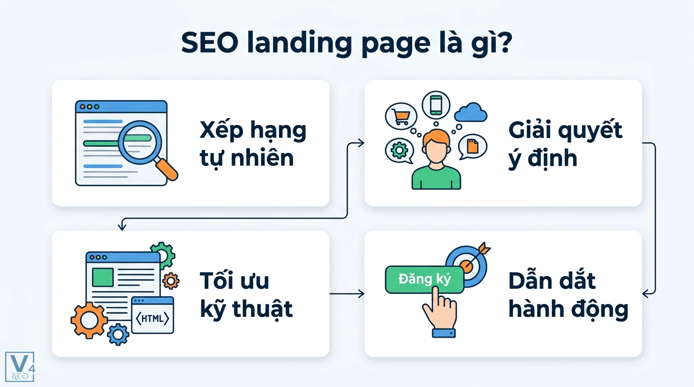 SEO landing page là gì? Checklist tối ưu UX và tỷ lệ chuyển đổi 1 SEO landing page giúp xếp hạng tự nhiên, giải quyết ý định tìm kiếm và tối ưu kỹ thuật để dẫn dắt người dùng thực hiện hành động chuyển đổi
