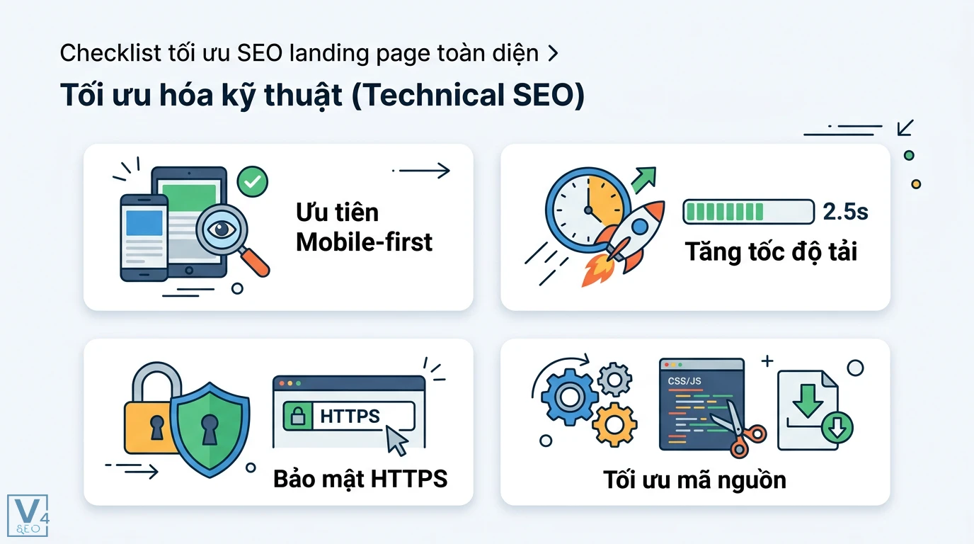 SEO landing page là gì? Checklist tối ưu UX và tỷ lệ chuyển đổi 2 Tối ưu hóa kỹ thuật Technical SEO cho landing page gồm ưu tiên Mobile-first, tăng tốc độ tải trang 2.5s, bảo mật HTTPS và tối ưu hóa mã nguồn