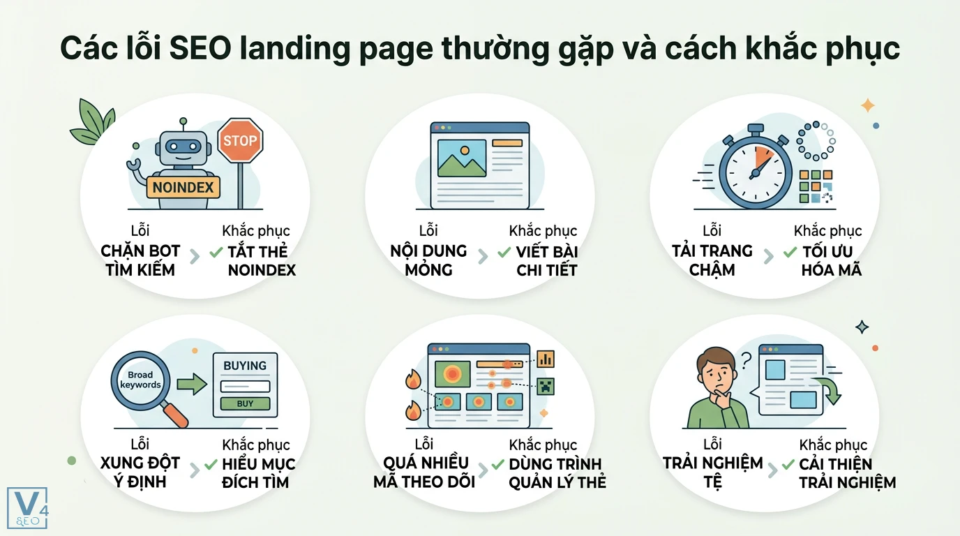 SEO landing page là gì? Checklist tối ưu UX và tỷ lệ chuyển đổi 3 Các lỗi SEO landing page thường gặp và cách khắc phục bằng việc tắt thẻ noindex, viết nội dung chi tiết, tối ưu tốc độ tải và mã theo dõi