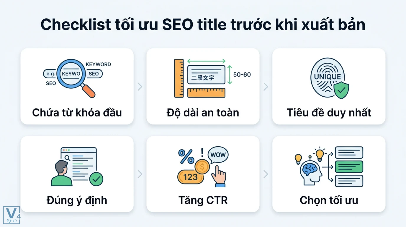 SEO title là gì? Cách tối ưu Title Tag tăng CTR hiệu quả 2026 3 Checklist tối ưu SEO title gồm đặt từ khóa đầu câu, duy trì độ dài 50-60 ký tự, tính duy nhất, đúng ý định tìm kiếm và kỹ thuật tăng CTR