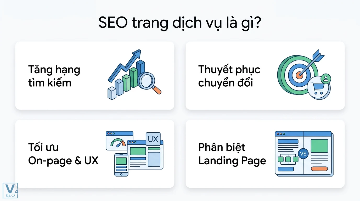 SEO trang dịch vụ là gì? Cách tối ưu chuyển đổi và E-E-A-T chuẩn 1 SEO trang dịch vụ nhằm tăng hạng tìm kiếm, thuyết phục chuyển đổi, tối ưu On-page, UX và phân biệt rõ cấu trúc so với Landing Page