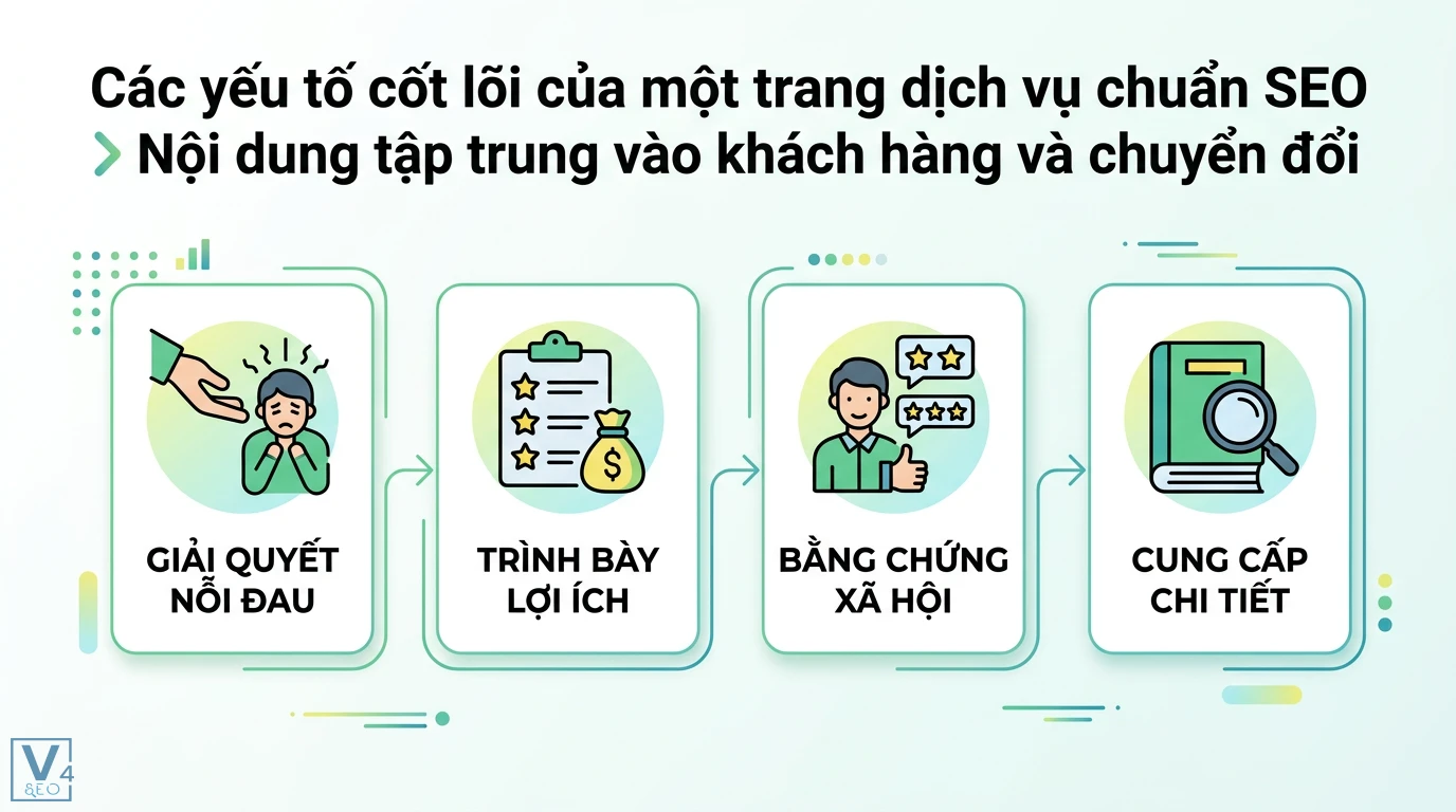 SEO trang dịch vụ là gì? Cách tối ưu chuyển đổi và E-E-A-T chuẩn 2 Nội dung trang dịch vụ tập trung giải quyết nỗi đau, trình bày lợi ích, bằng chứng xã hội và cung cấp chi tiết nhằm tăng tỷ lệ chuyển đổi