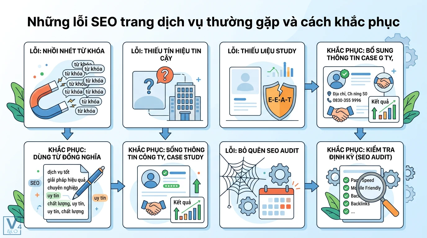 SEO trang dịch vụ là gì? Cách tối ưu chuyển đổi và E-E-A-T chuẩn 3 Cách khắc phục lỗi SEO trang dịch vụ bằng việc dùng từ đồng nghĩa, bổ sung tín hiệu E-E-A-T, case study và thực hiện SEO audit định kỳ
