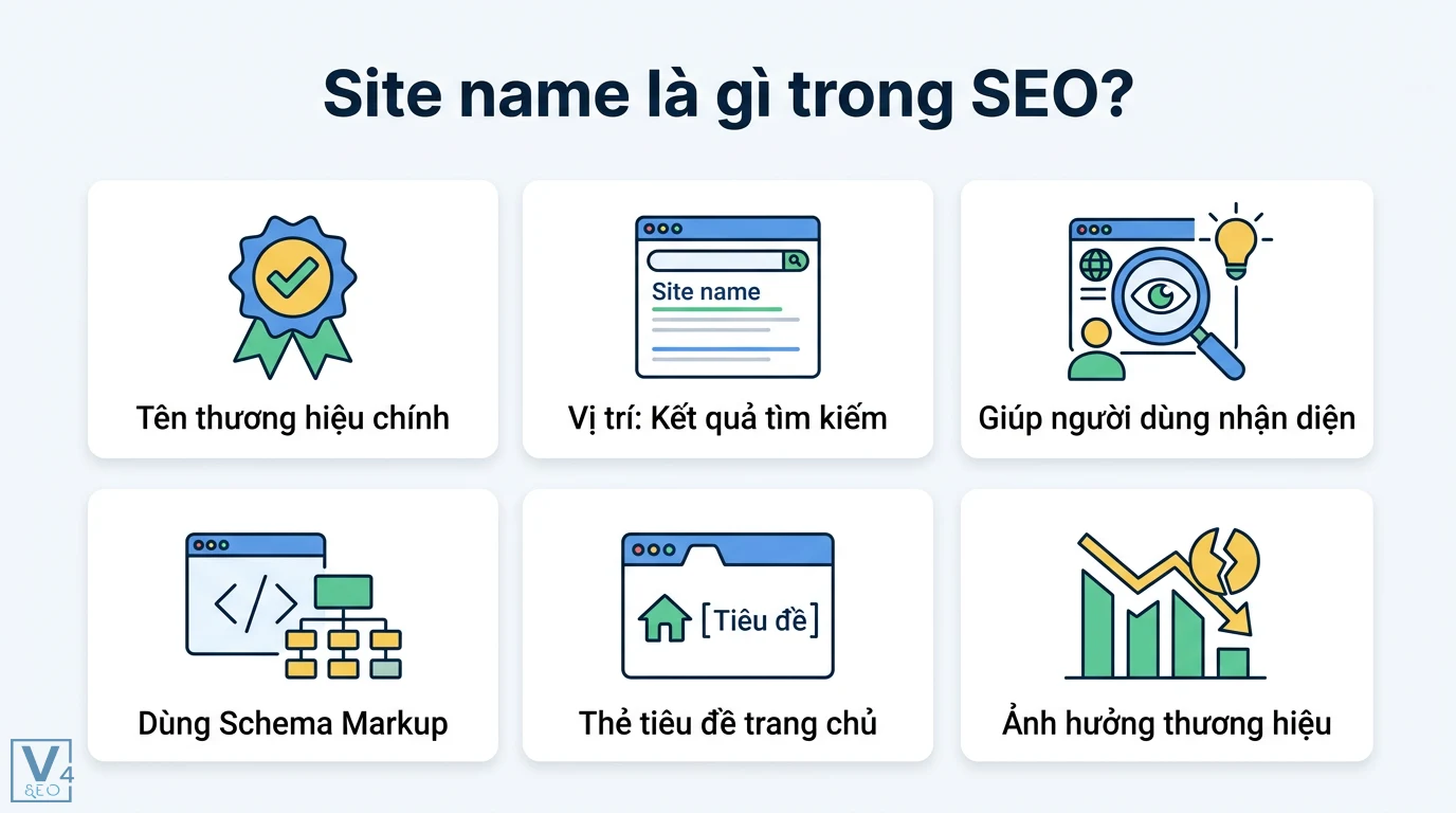 Site name là gì? Cách hiển thị tên trang web chuẩn Google Search 3 Site name trong SEO hiển thị tên thương hiệu trên kết quả tìm kiếm qua Schema Markup và thẻ tiêu đề trang chủ giúp tăng độ nhận diện