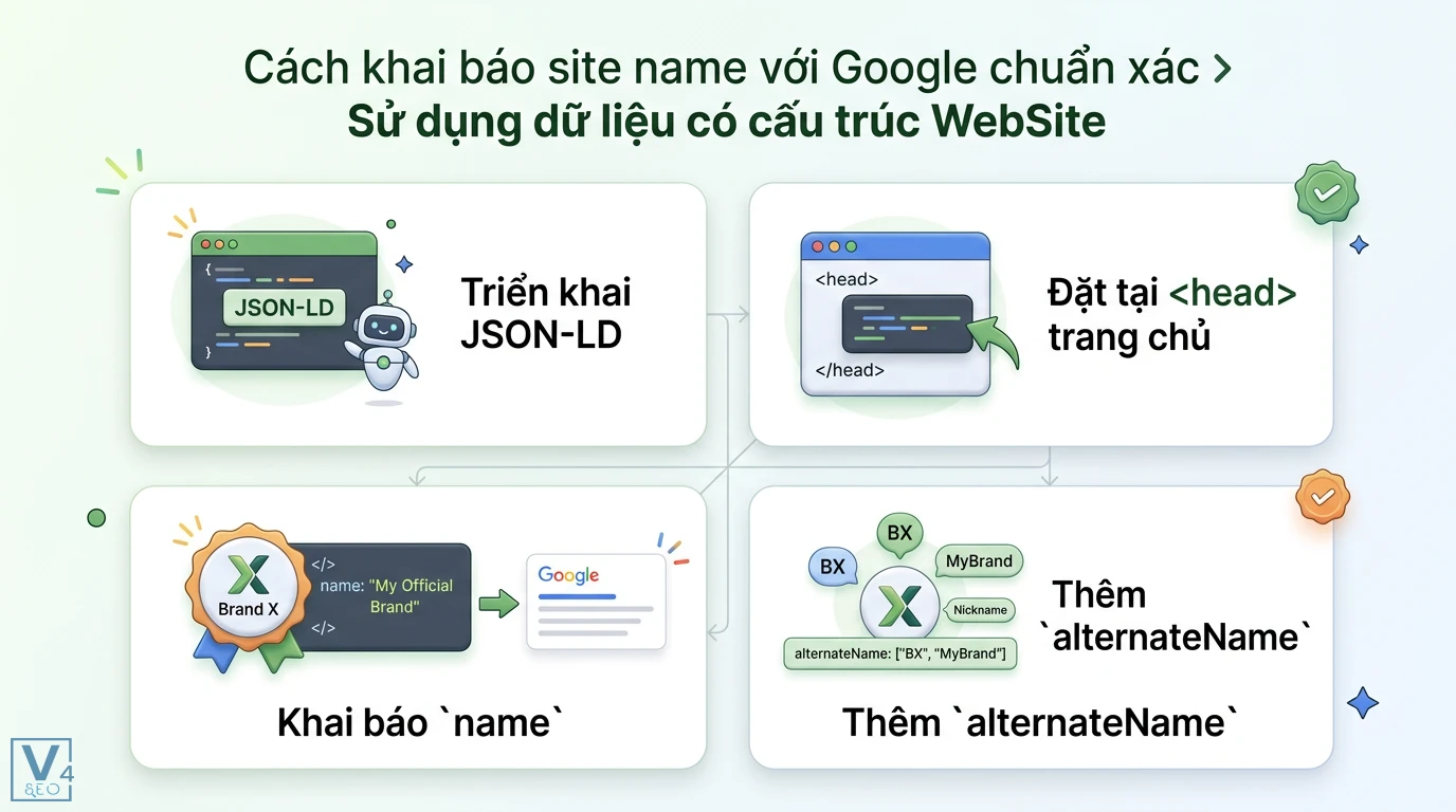 Site name là gì? Cách hiển thị tên trang web chuẩn Google Search 1 Cách khai báo site name với Google bằng dữ liệu có cấu trúc WebSite JSON-LD qua thuộc tính name và alternateName trong thẻ head trang chủ