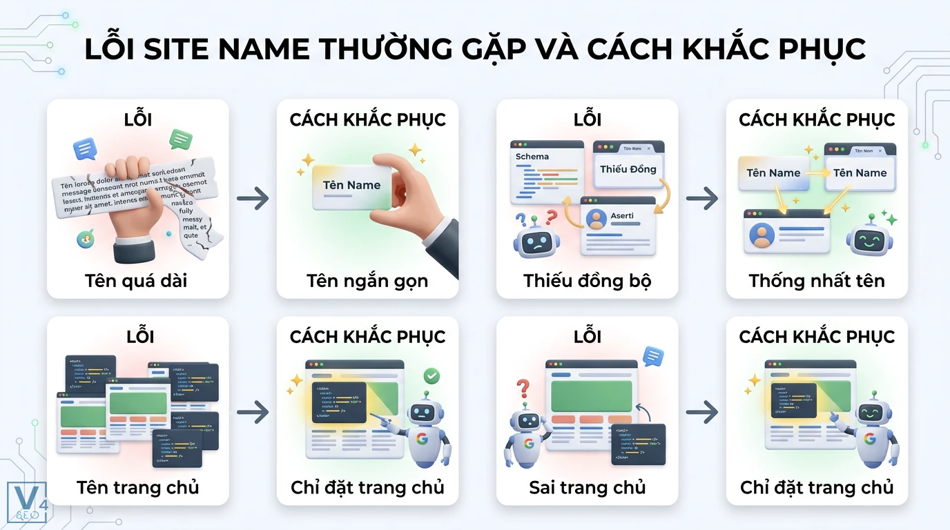Site name là gì? Cách hiển thị tên trang web chuẩn Google Search 2 Lỗi site name phổ biến như tên quá dài hoặc thiếu đồng bộ và giải pháp tối ưu tên thương hiệu ngắn gọn, thống nhất Schema Markup tại trang chủ