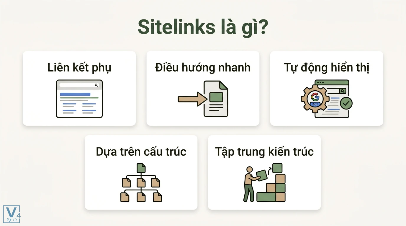 Sitelinks là gì? Cách tối ưu cấu trúc và Schema chuẩn SEO 2026 1 Khái niệm Sitelinks là các liên kết phụ hỗ trợ điều hướng nhanh được Google hiển thị tự động dựa trên cấu trúc và kiến trúc thông tin website