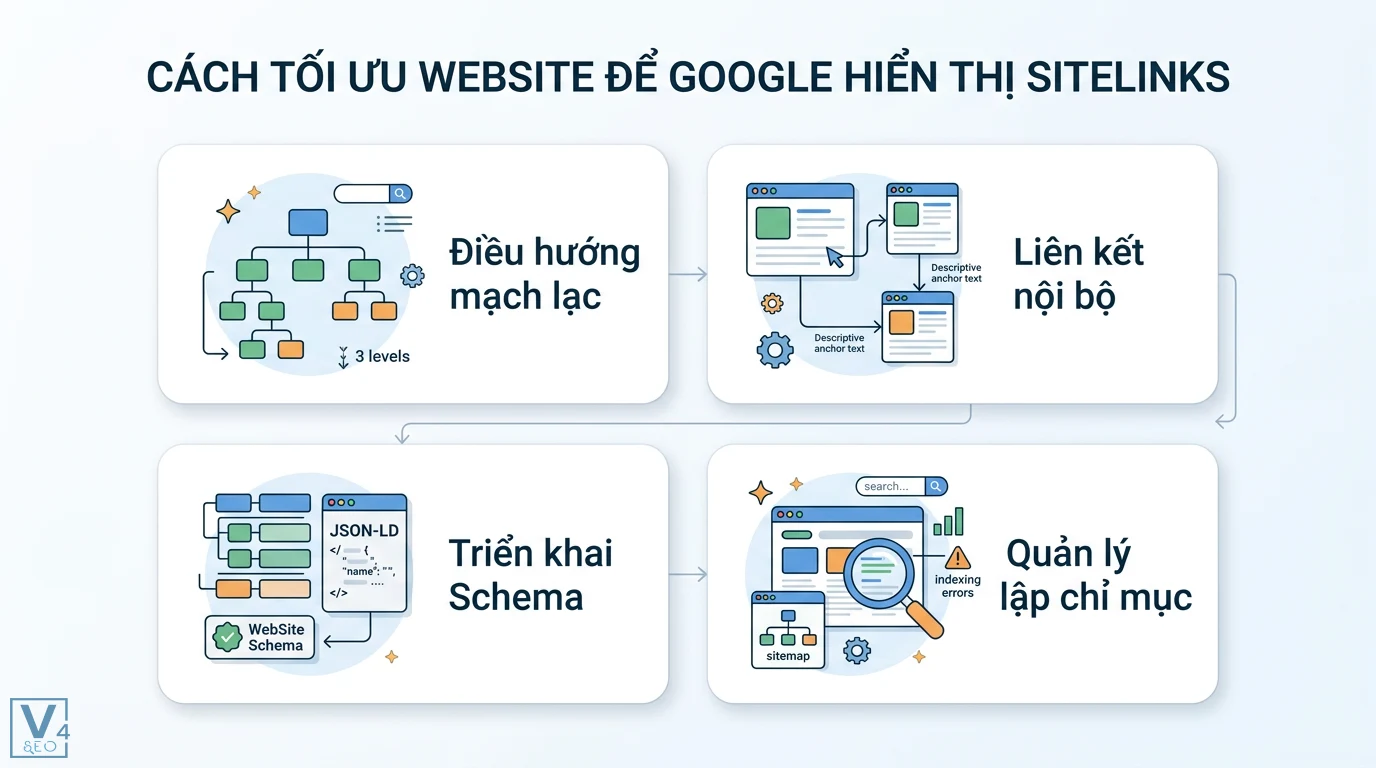 Sitelinks là gì? Cách tối ưu cấu trúc và Schema chuẩn SEO 2026 2 Cách tối ưu website hiển thị Google sitelinks qua điều hướng mạch lạc, liên kết nội bộ, triển khai Schema JSON-LD và quản lý lập chỉ mục
