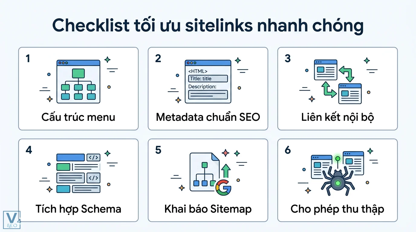 Sitelinks là gì? Cách tối ưu cấu trúc và Schema chuẩn SEO 2026 3 Checklist tối ưu sitelinks gồm cấu trúc menu, metadata chuẩn SEO, liên kết nội bộ, Schema, khai báo sitemap và cho phép Google thu thập dữ liệu