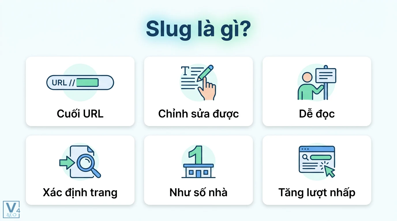 Slug là gì? Hướng dẫn tối ưu URL chuẩn SEO và xử lý Redirect 301 1 Slug là phần cuối URL có thể chỉnh sửa giúp xác định trang web, dễ đọc như số nhà hỗ trợ tăng lượt nhấp chuột trên công cụ tìm kiếm