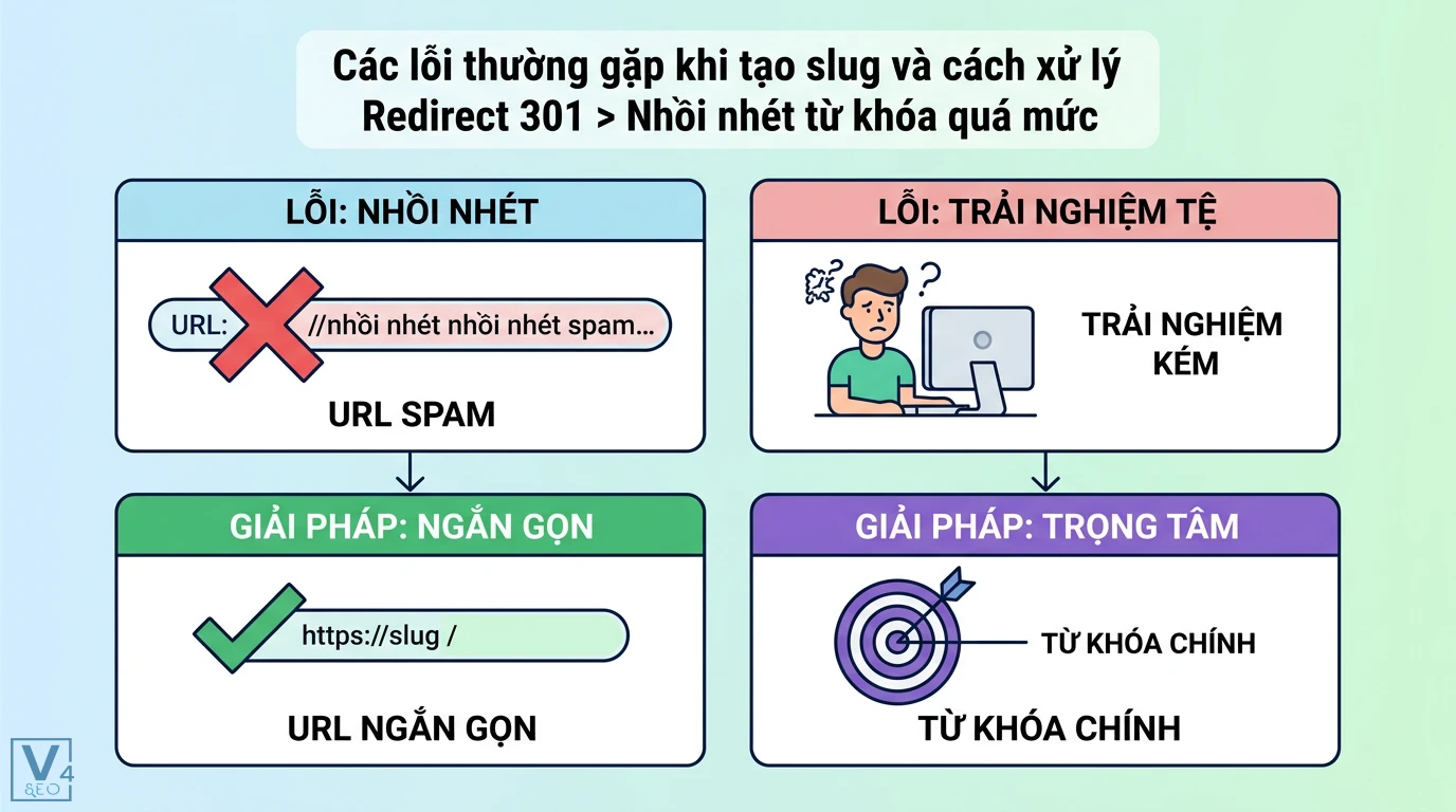 Slug là gì? Hướng dẫn tối ưu URL chuẩn SEO và xử lý Redirect 301 3 Lỗi nhồi nhét từ khóa trong slug tạo URL spam gây trải nghiệm kém và giải pháp tối ưu URL ngắn gọn hướng đến từ khóa chính duy nhất