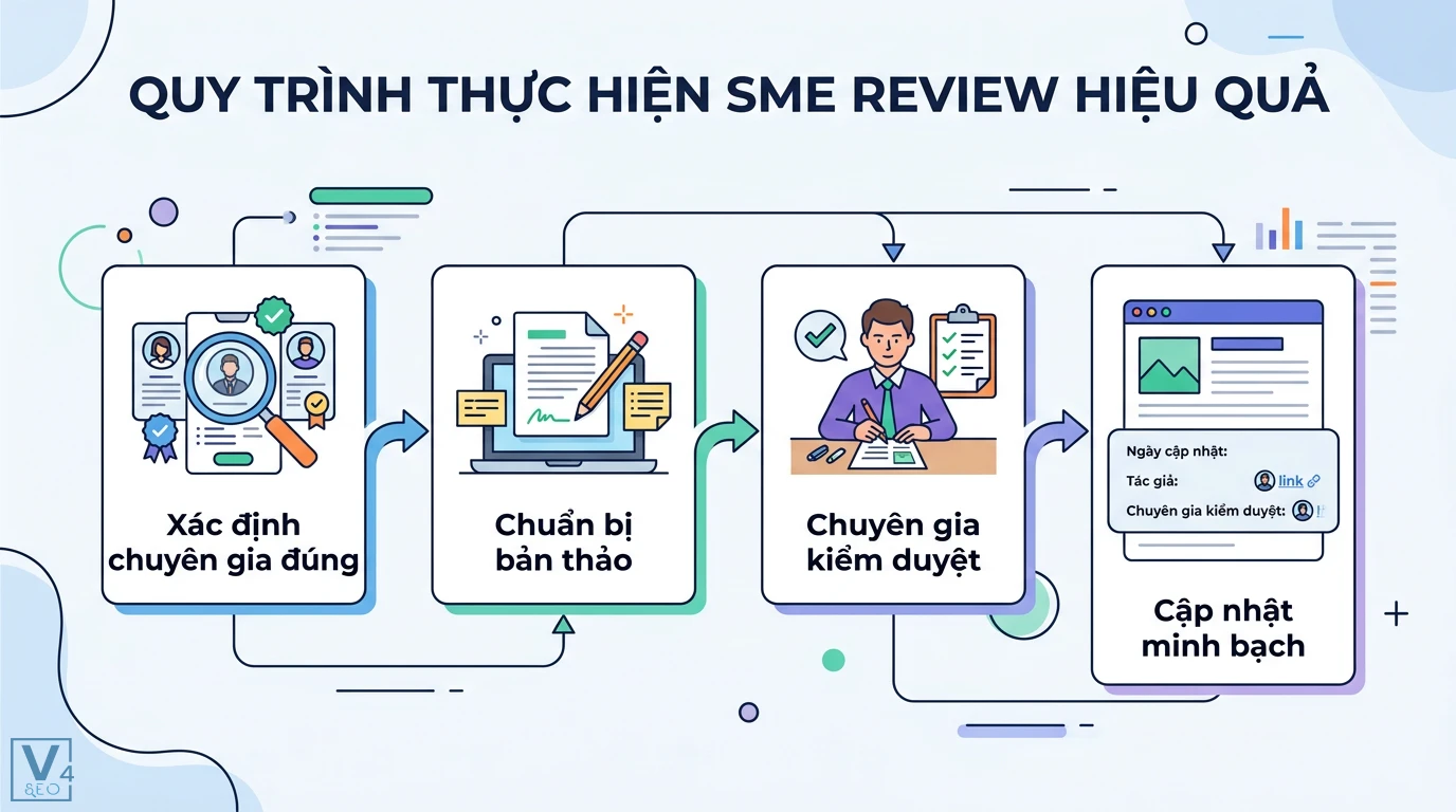 SME review là gì? Phân biệt 2 định nghĩa và vai trò trong E-E-A-T 2 Quy trình SME review hiệu quả qua việc xác định chuyên gia đúng, chuẩn bị bản thảo, chuyên gia kiểm duyệt và cập nhật minh bạch thông tin