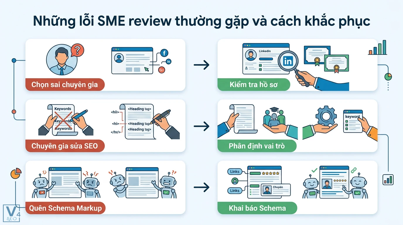 SME review là gì? Phân biệt 2 định nghĩa và vai trò trong E-E-A-T 3 Lỗi SME review như chọn sai chuyên gia, can thiệp SEO, thiếu Schema và cách khắc phục bằng kiểm tra LinkedIn, phân định vai trò chuyên gia
