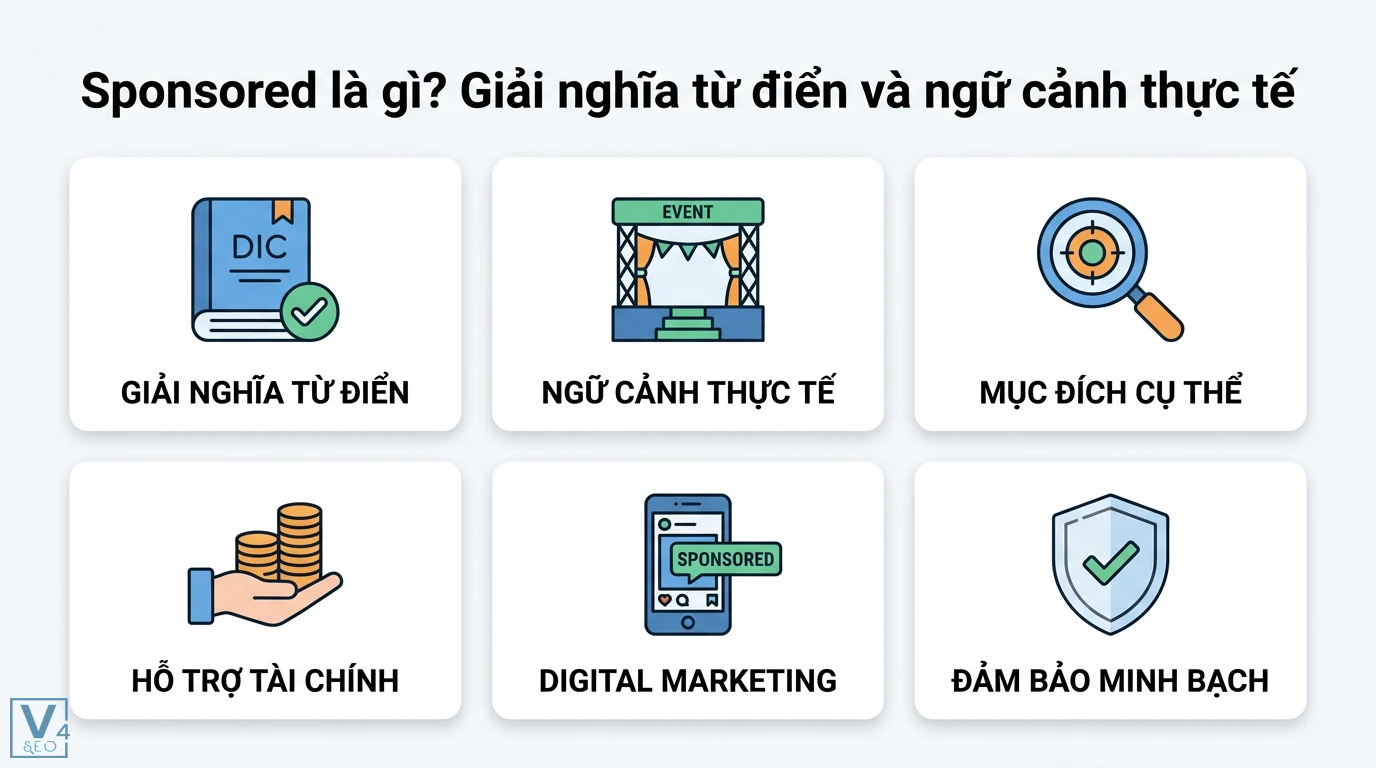 Sponsored là gì? Giải mã ý nghĩa từ điển và quảng cáo trực tuyến 1 Sponsored là gì và giải nghĩa từ điển, ngữ cảnh thực tế, hỗ trợ tài chính, mục đích cụ thể cùng tính minh bạch trong Digital Marketing