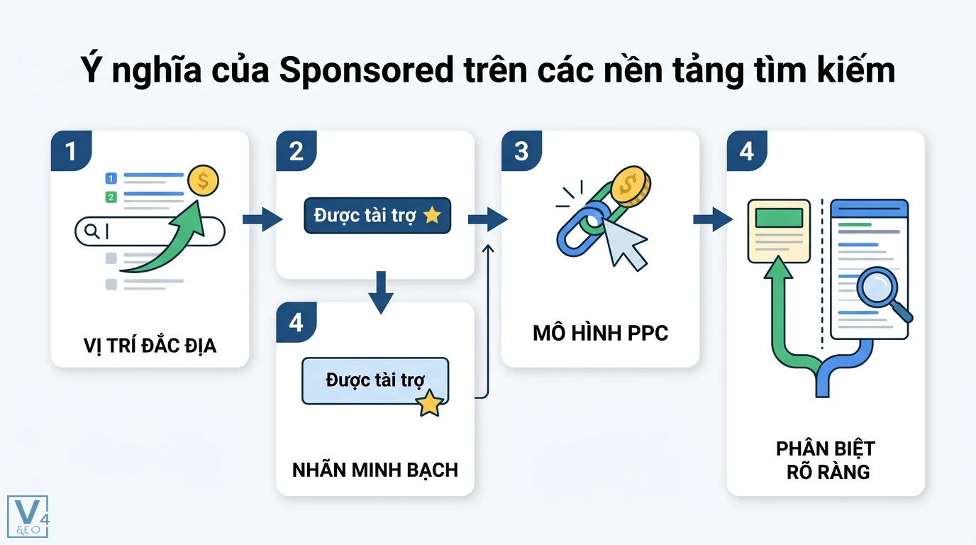 Sponsored là gì? Giải mã ý nghĩa từ điển và quảng cáo trực tuyến 2 Ý nghĩa nhãn Sponsored trên các nền tảng tìm kiếm qua vị trí đắc địa thanh toán PPC và sự minh bạch phân biệt quảng cáo với kết quả SEO