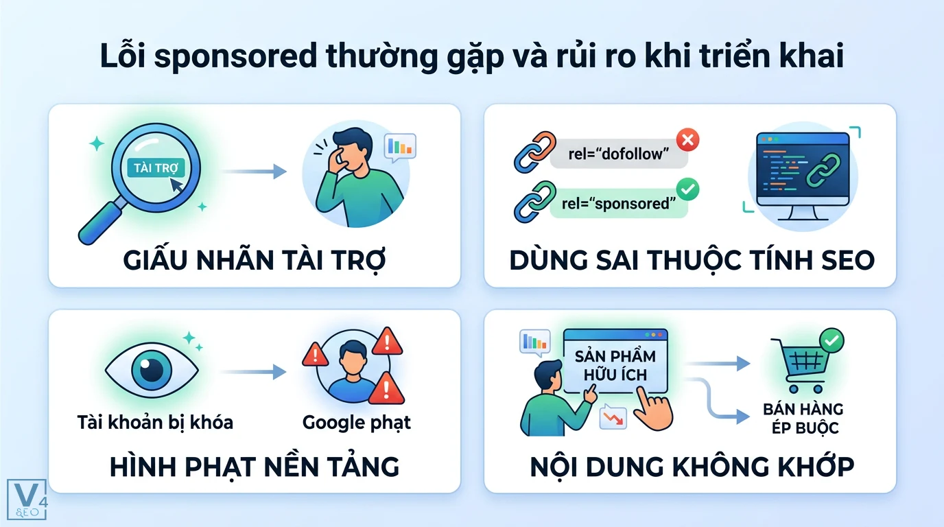 Sponsored là gì? Giải mã ý nghĩa từ điển và quảng cáo trực tuyến 3 Lỗi sponsored thường gặp gồm giấu nhãn tài trợ, dùng sai thuộc tính rel sponsored và nội dung không khớp gây rủi ro bị Google phạt hoặc khóa tài khoản